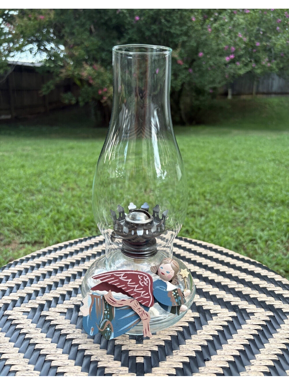 Clear Glass Oil Hurricane Lamp w/ wooden angel